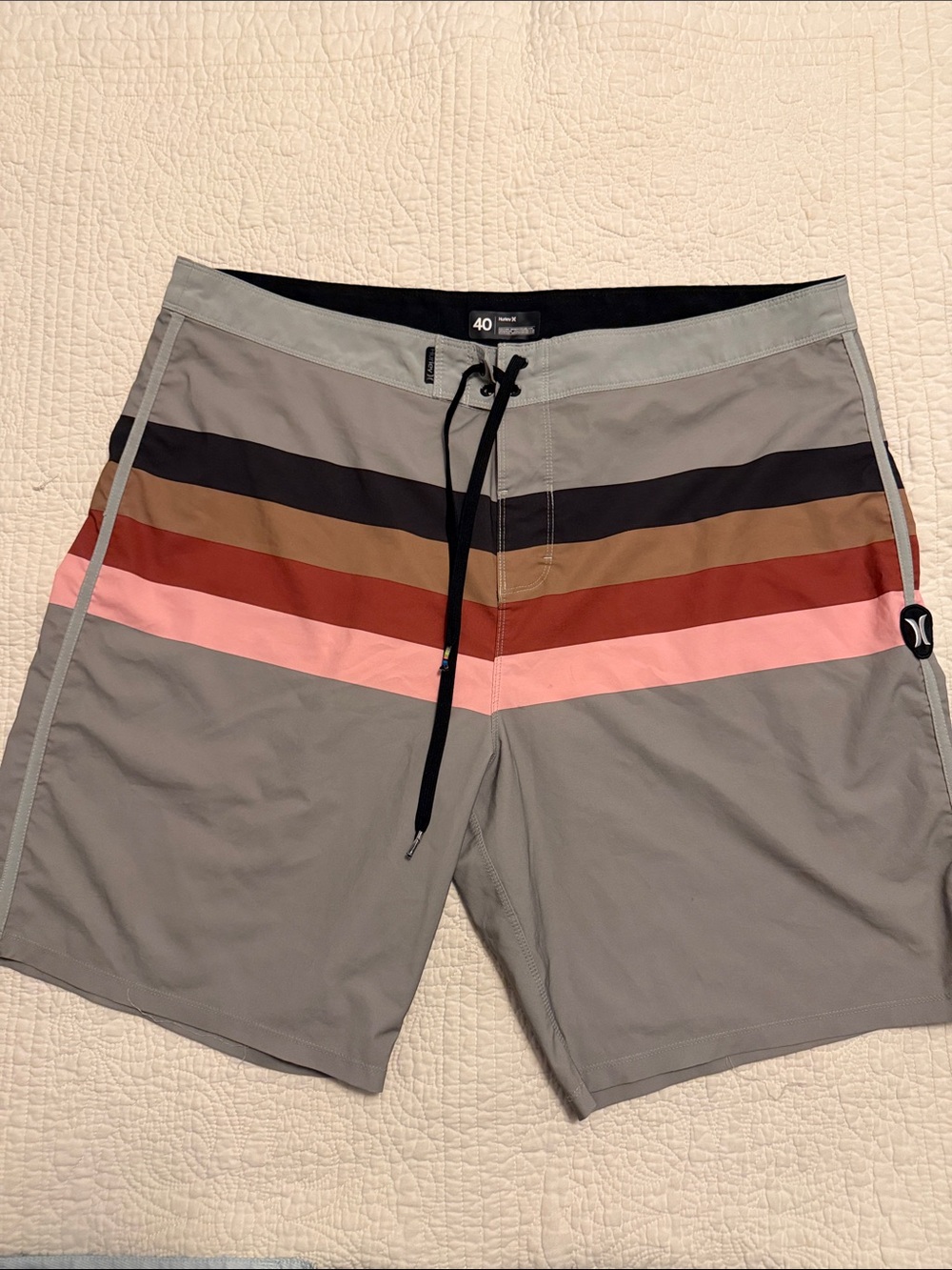 Hurley Men’s Gray Swim Board Shorts with Pink and Brown Chevron Stripes